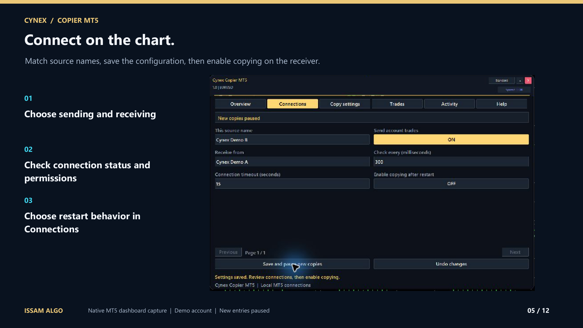 Cynex Connections dashboard with named sending and receiving accounts